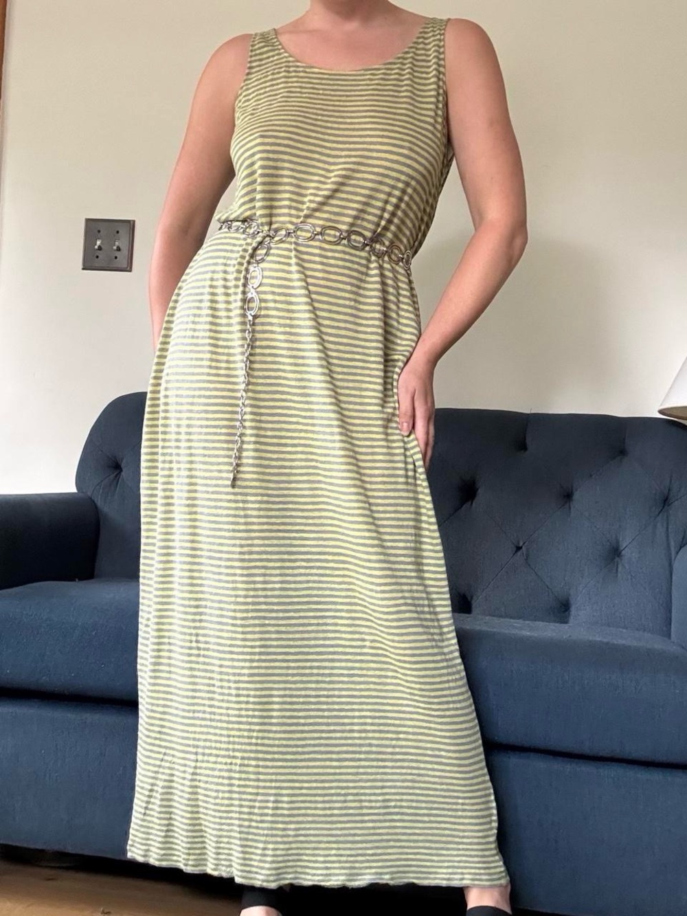Eileen Fisher chartreuse green and grey striped linen maxi dress